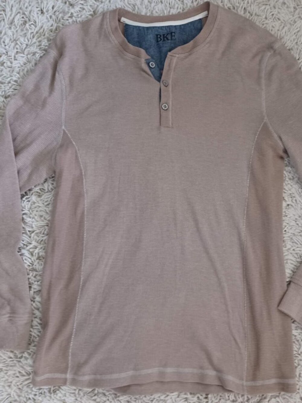 BKE Thermal Shirt Mens Large Tan Waffle Knit Henley Long Sleeve Casual Top
